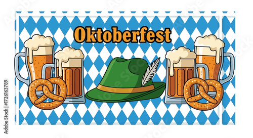 Oktoberfest Celebration with Beer, Pretzels, and Traditional Hat
