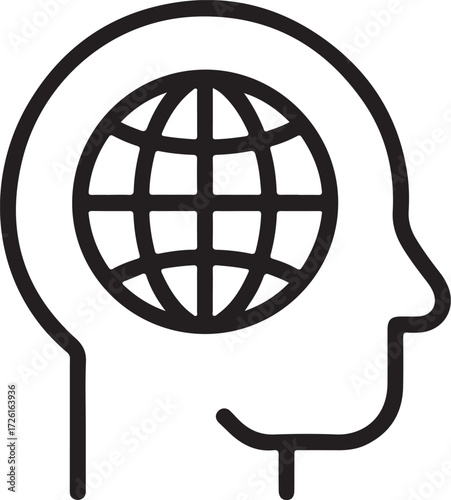 Outline of human head silhouette containing a globe symbol representing global thinking