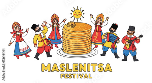 Maslenitsa Festival Celebration with Pancakes, Sun, and Traditional Costumes