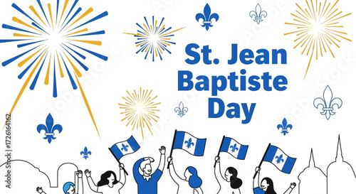 Festive Crowd Celebrating St. Jean Baptiste Day with Fleur-de-lis Flags and Fireworks