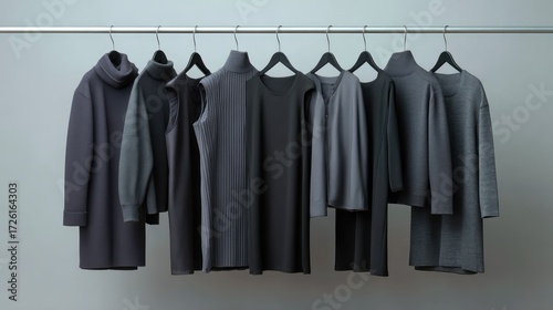 Collection of Elegant and Minimalist Fashion Apparel Hanging on Hangers in Shades of Gray, Perfect for Stylish Wardrobe Inspiration and Modern Clothing Displays