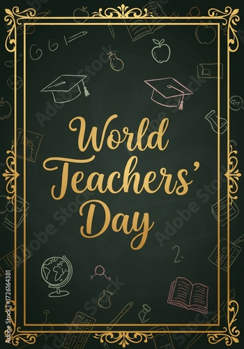 Vibrant World Teachers' Day poster illustration with golden text and educational doodles on a chalkboard background, ideal for celebrating teachers