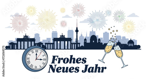 Festive New Year's Eve Celebration in Berlin with Fireworks and Champagne
