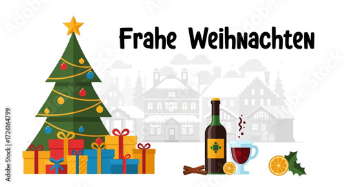 Festive Christmas Scene with Tree, Gifts, and Mulled Wine Illustration