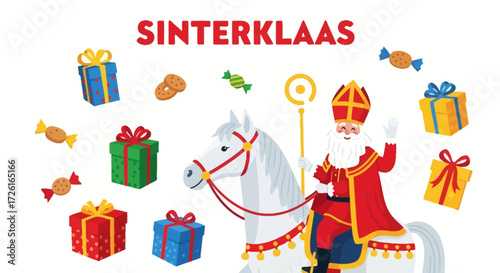 Sinterklaas Riding White Horse with Gifts and Treats
