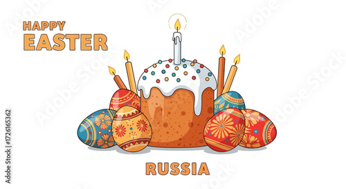 Russian Easter Kulich Cake with Decorated Eggs and Candles