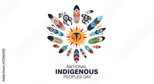 Indigenous Peoples Day Design with Feathers and Sun