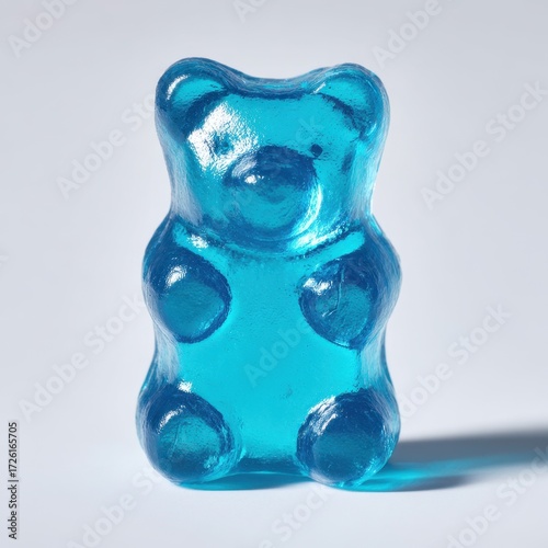 Vibrant Blue Gummy Bear with Translucent Glow and Sharp Shadow.