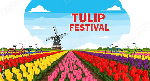 Colorful Tulip Festival Scene with Windmill and Bicycles