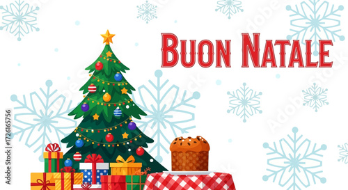 Festive Christmas Scene with Tree, Gifts, and Panettone Cake