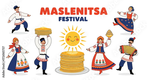 Maslenitsa Festival Illustration with Pancakes, Sun, and People in Traditional Clothing