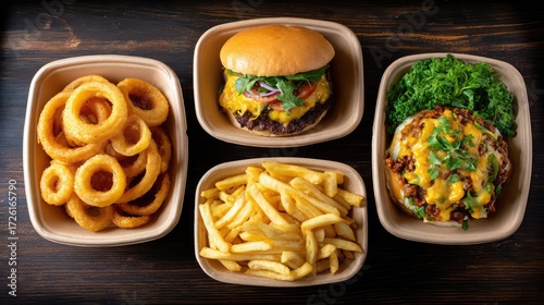 Delicious assortment of classic fast food featuring juicy hamburger with toppings, french fries, onion rings, and colorful garnishes in eco-friendly packaging