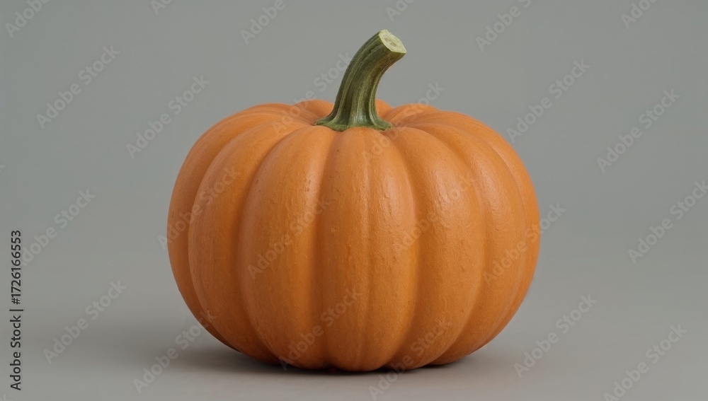 Obraz premium A perfectly formed orange pumpkin sits in isolation against a plain gray background, a minimalist symbol of autumn and the harvest season