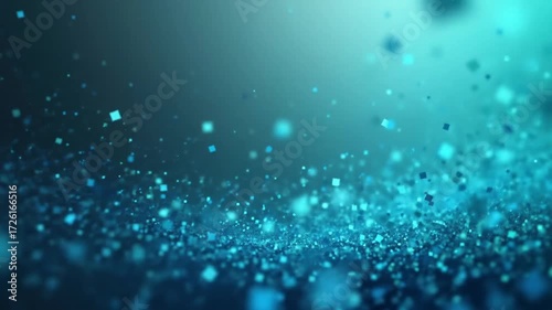 An abstract digital background with shimmering blue and cyan particles creating a sense of depth and movement.