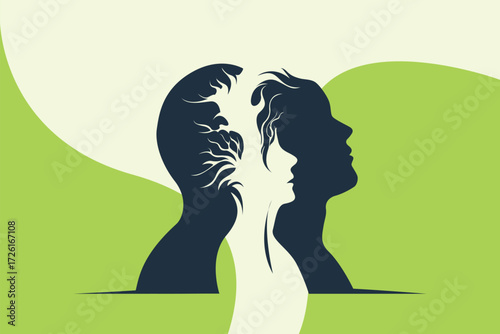 Dual Silhouettes with Tree Leaves – Abstract Trauma and Duality Concept Illustration