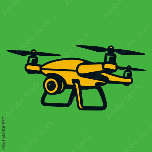 A bright yellow and red drone with four propellers and a camera is depicted against a green background.