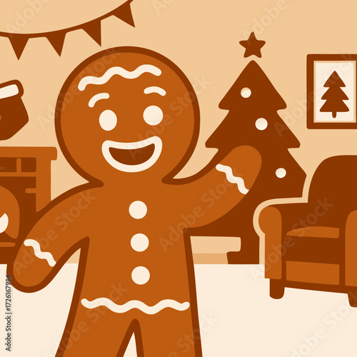 A cheerful gingerbread man character waving hello.