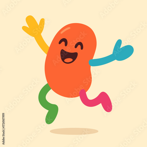 A cheerful cartoon bean character with colorful limbs jumping joyfully.
