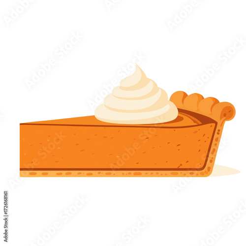 A delicious slice of pumpkin pie topped with whipped cream.