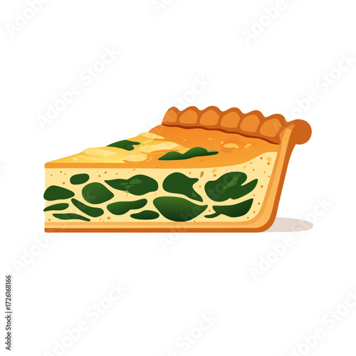 A delicious slice of quiche with spinach filling and a golden crust.