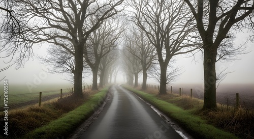 Mysterious Country Road Lined with Bare Autumn Trees in Foggy Morning Light