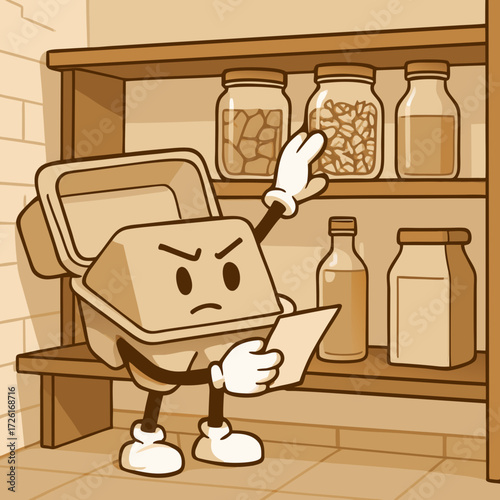 Angry cartoon food container checking inventory list on shelf.