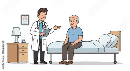 Doctor examining elderly patient in hospital room.
