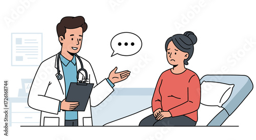 Doctor consults patient about health concerns in medical setting.