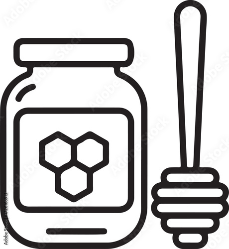 Simple line art icon of honey jar with honey dipper and honeycomb design