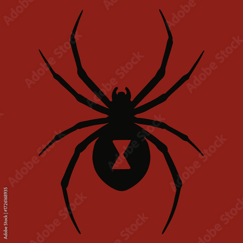 Black widow spider silhouette with hourglass marking on abdomen.
