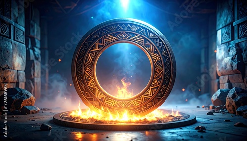 Mystical Ring Surrounded by Fire in a Stone Chamber