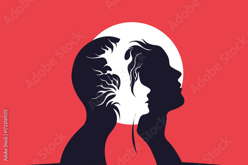 Dual Silhouettes with Tree Leaves – Abstract Trauma and Duality Concept Illustration