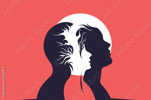 Dual Silhouettes with Tree Leaves – Abstract Trauma and Duality Concept Illustration