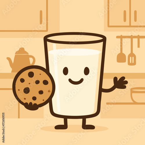 Cute Cartoon Glass of Milk and Chocolate Chip Cookie Characters.