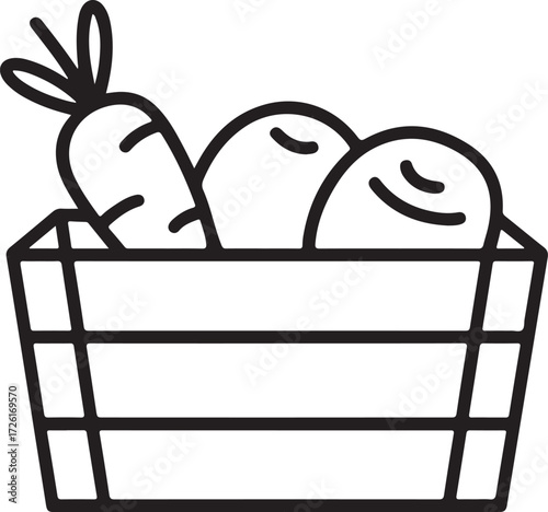 Simple outline drawing of fresh carrots and potatoes in a wooden crate