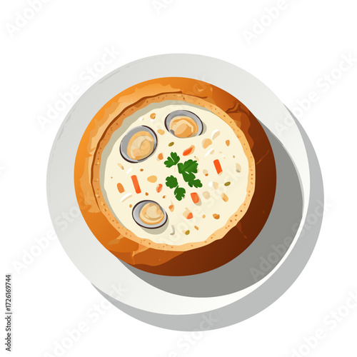 Delicious bowl of creamy clam chowder with clams and parsley garnish.