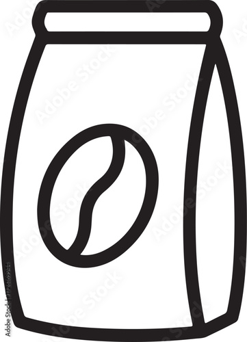 Simple line art icon of a bag of coffee beans with a bean symbol