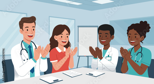 Diverse medical team applauding during a meeting.