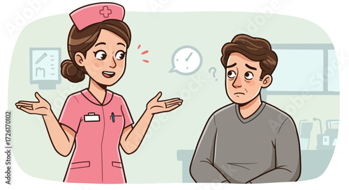 Nurse talking to patient in a medical setting.
