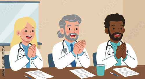 Doctors applauding at a table celebrating a medical achievement with joy and pride.
