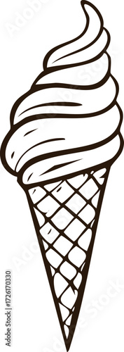 A black and white illustration of a delicious ice cream cone with swirled soft serve.