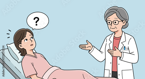 Female patient with amnesia and confusion talking to a doctor.