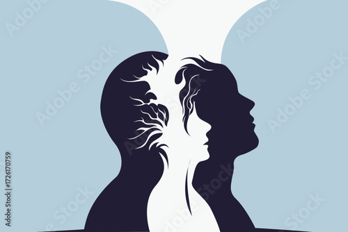 Dual Silhouettes with Tree Leaves – Abstract Trauma and Duality Concept Illustration