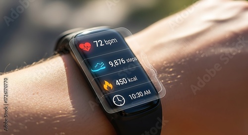 A person checks their daily fitness progress on a modern smartwatch, with the screen displaying health metrics like heart rate, steps, and calories