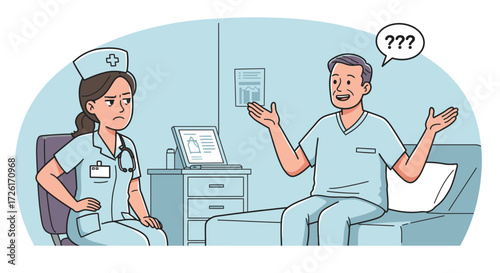 Nurse and Doctor in Hospital Room Discussing Patient Care.