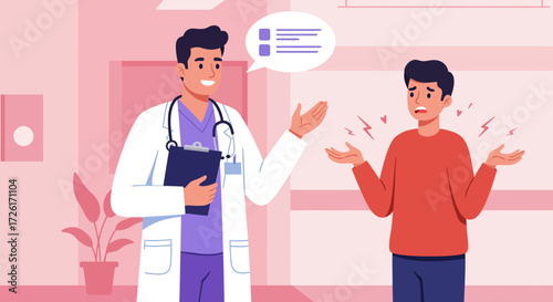Doctor explaining medical diagnosis to a confused young patient.