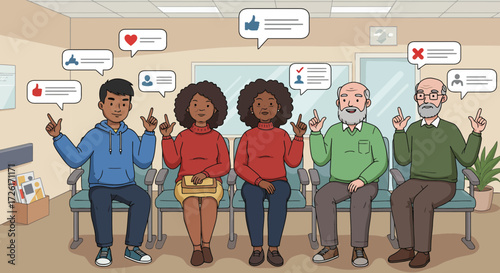 Diverse group of people giving social media feedback and opinions.