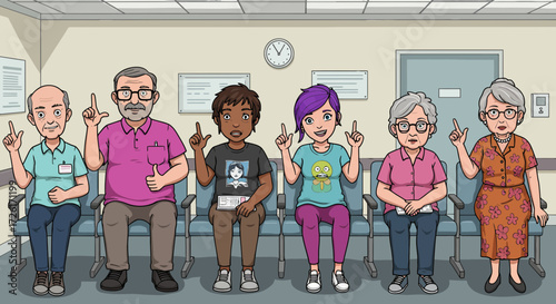 People in a waiting room pointing upwards with their fingers.