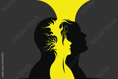 Dual Silhouettes with Tree Leaves – Abstract Trauma and Duality Concept Illustration