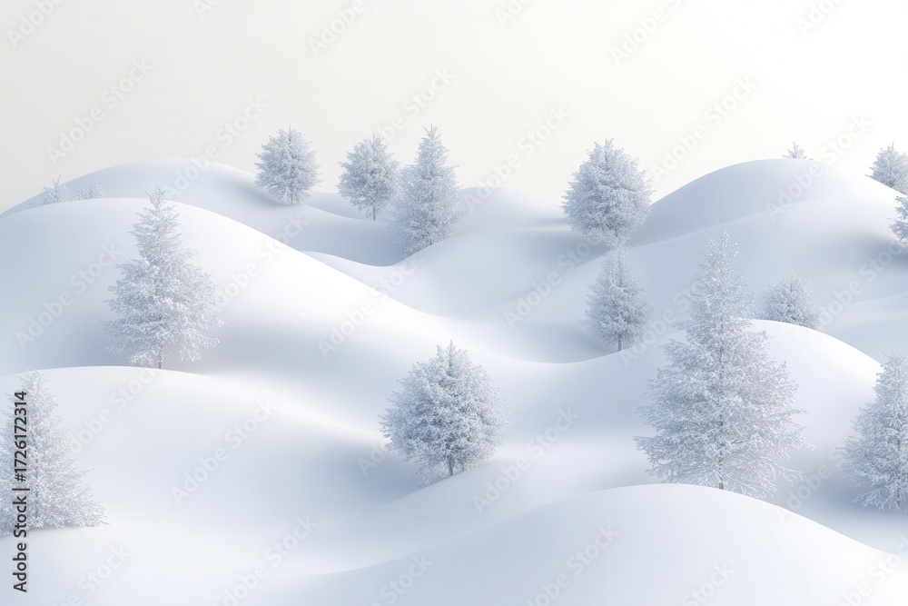 Fototapeta premium Winter Landscape, Snow-Covered Hills and Trees Create a Peaceful Scene